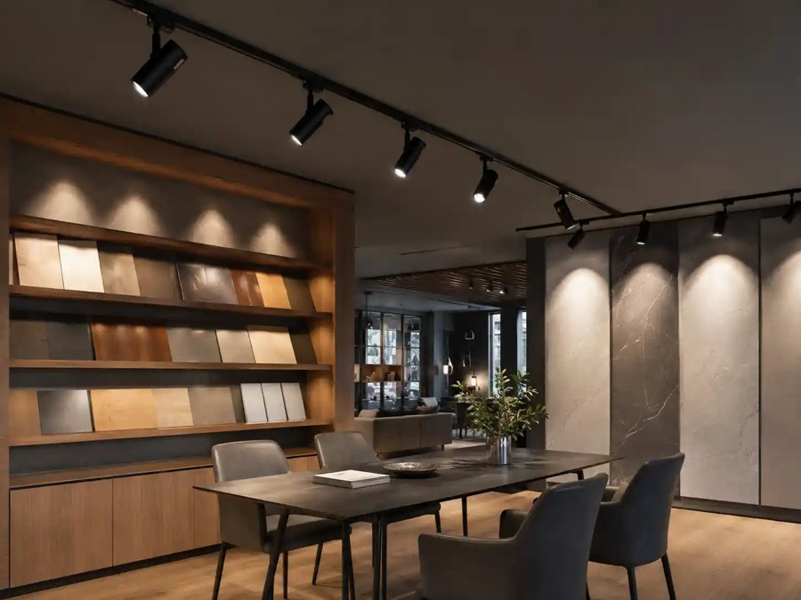 Adjustable track lights in a contemporary showroom